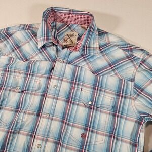 Roper Long Sleeve Shirt Men's Medium Blue Plaid Pearl Snaps‎